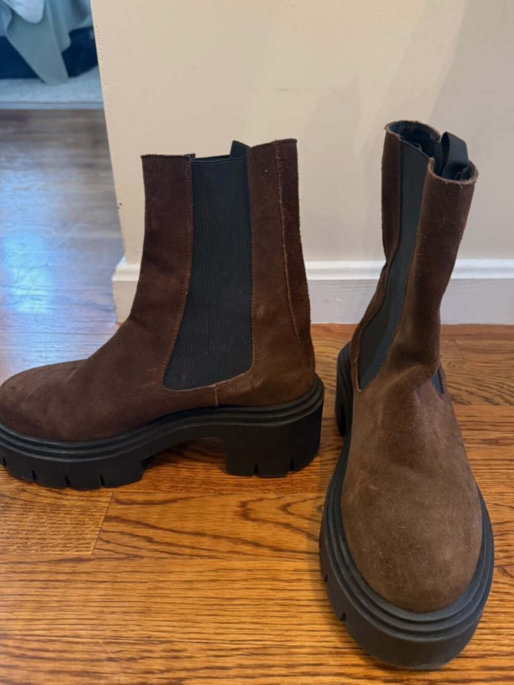 Aqua Brown Suede Platform Chelsea Boots Lug Sole Chunky Ankle Boots Size 8